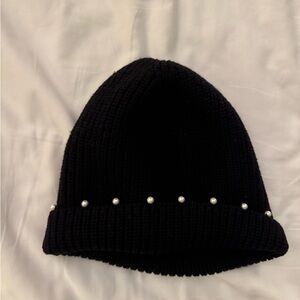 Sandro Black Knit Beanie with Pearl Details